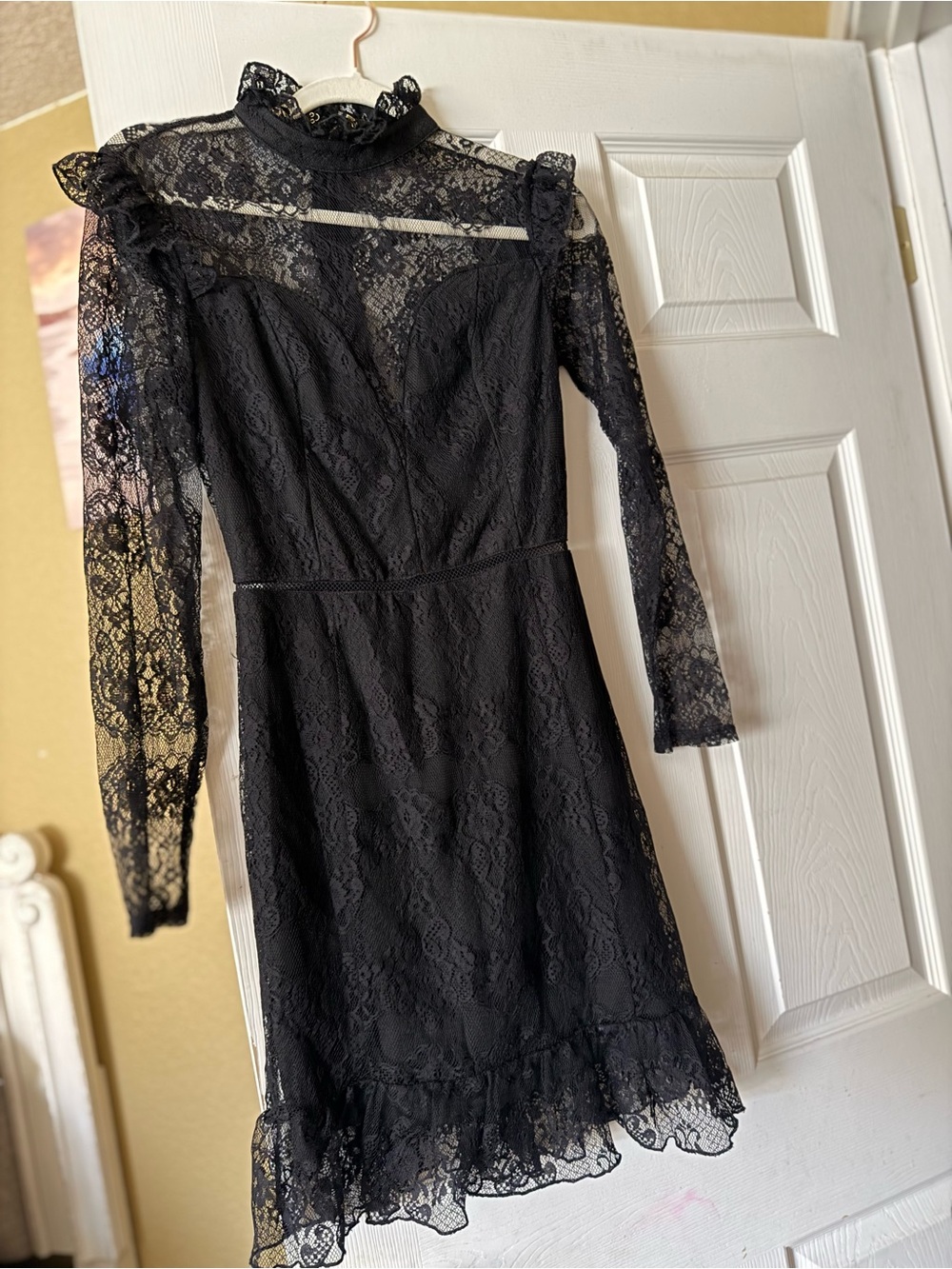 bebe Black Lace Long-Sleeve Mini Dress with Ruffle Neck